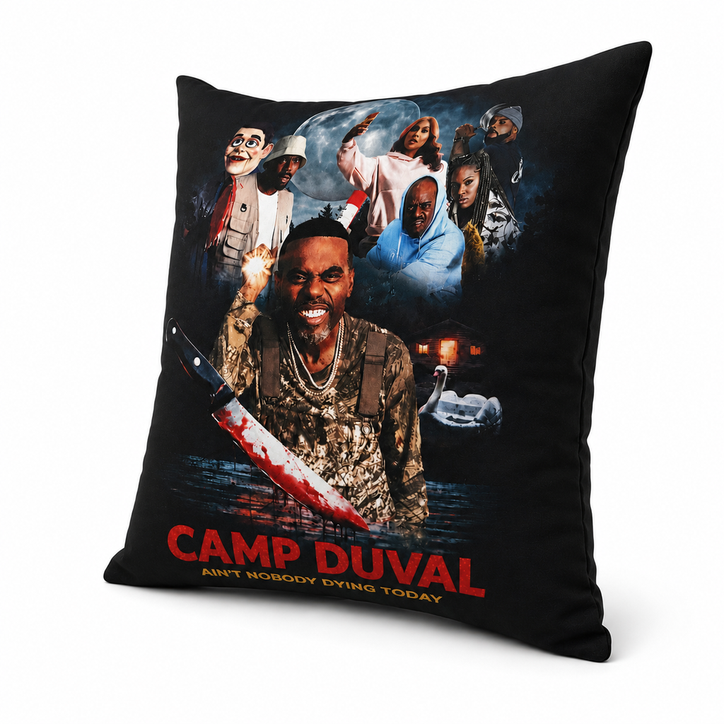 Camp Duval Key Art throw pillow angled view — official movie merch