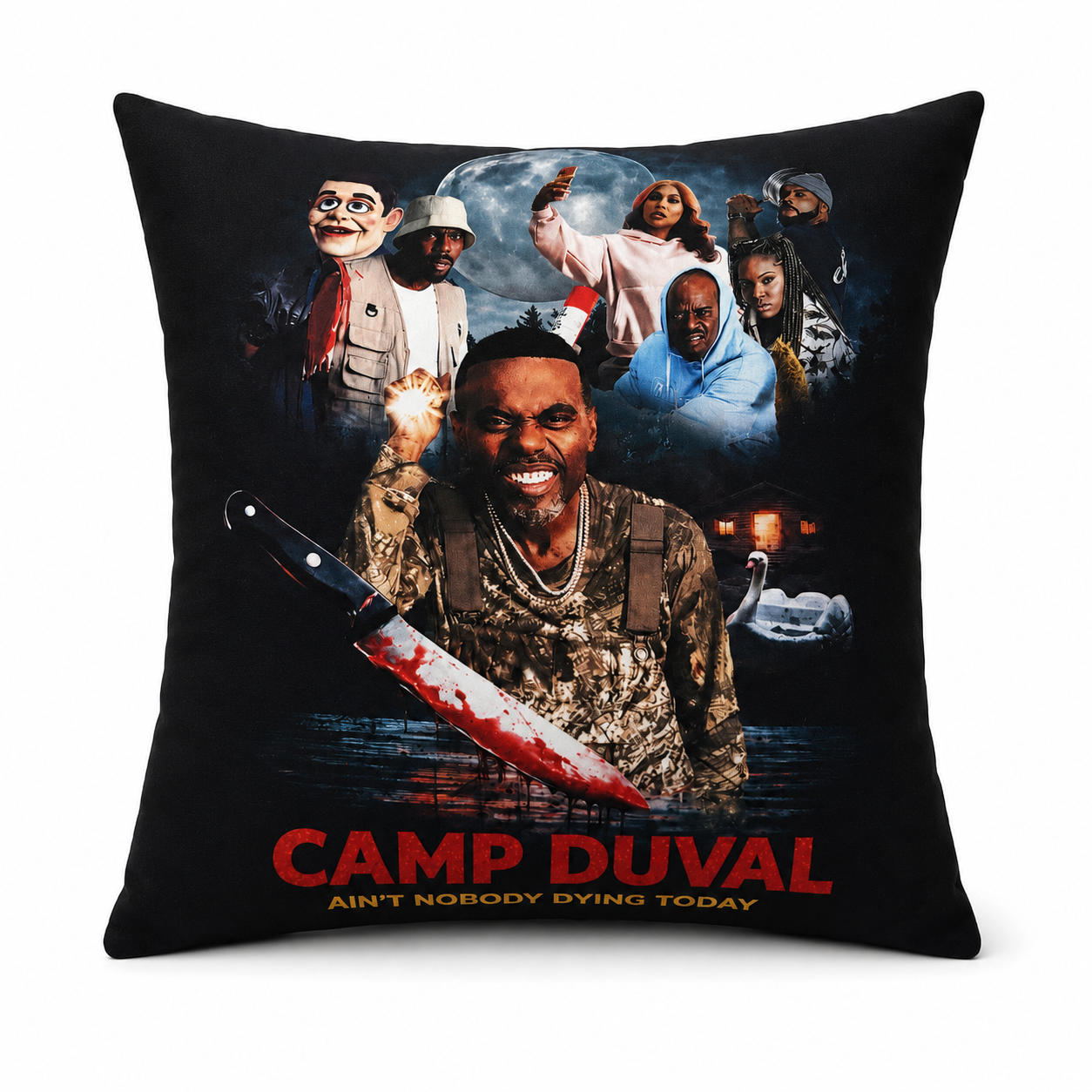 Camp Duval Key Art throw pillow front view — official movie merch