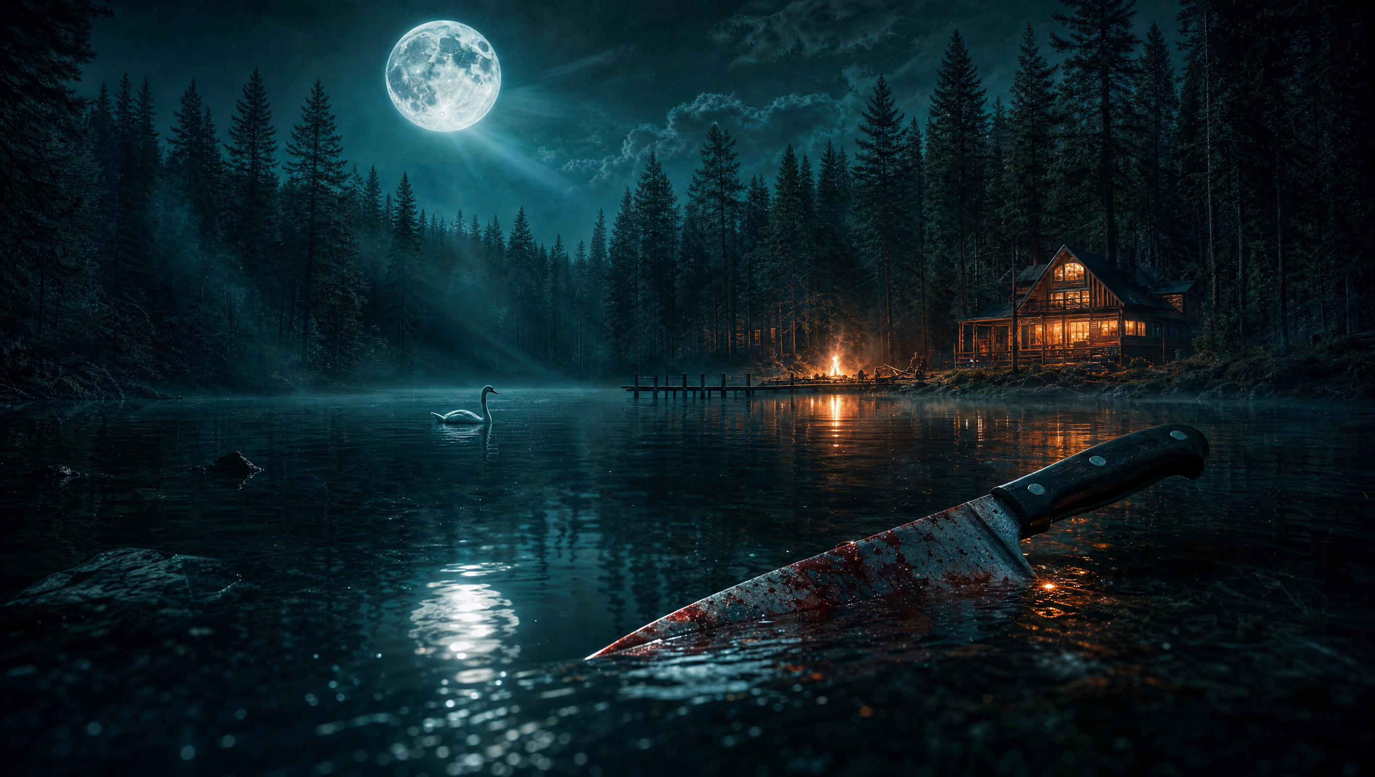 Camp Duval — moonlit lake, glowing cabin, bloody knife