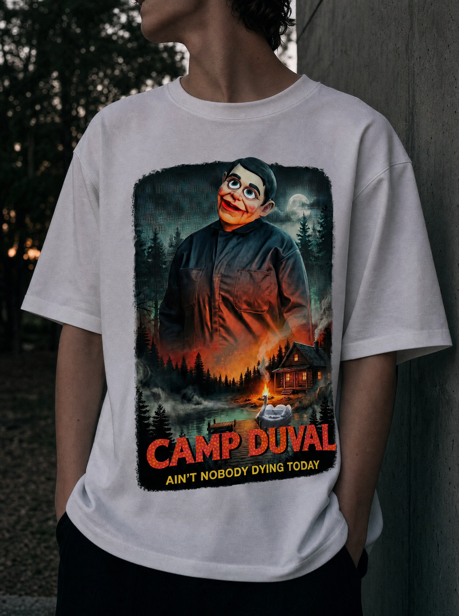 Camp Duval Killer Cabin Solo tee in White — lifestyle