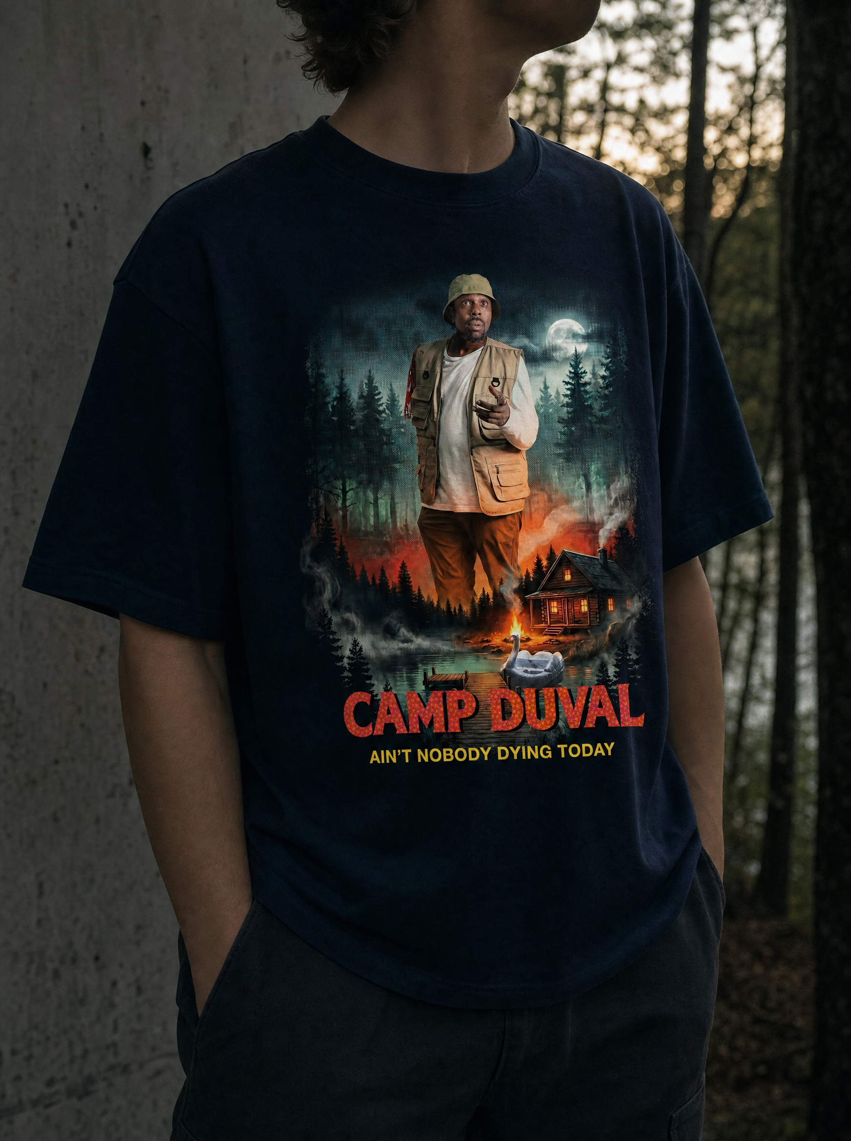 Camp Duval Nod Cabin Solo tee in Navy — lifestyle