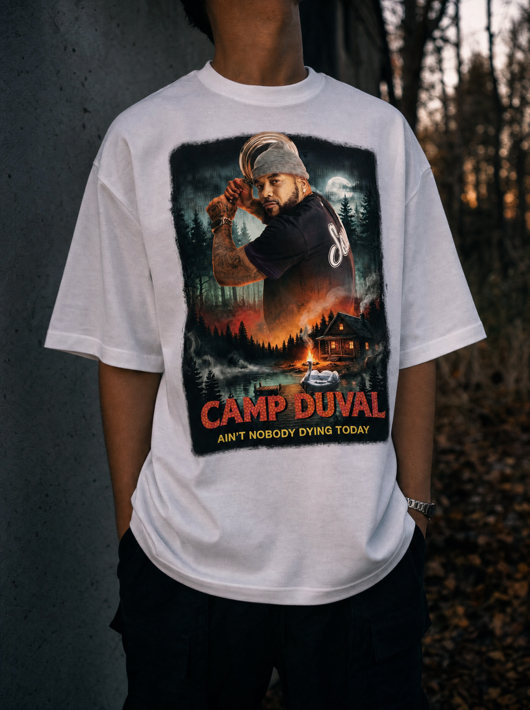 Camp Duval T-Bone Cabin Solo tee in White — lifestyle