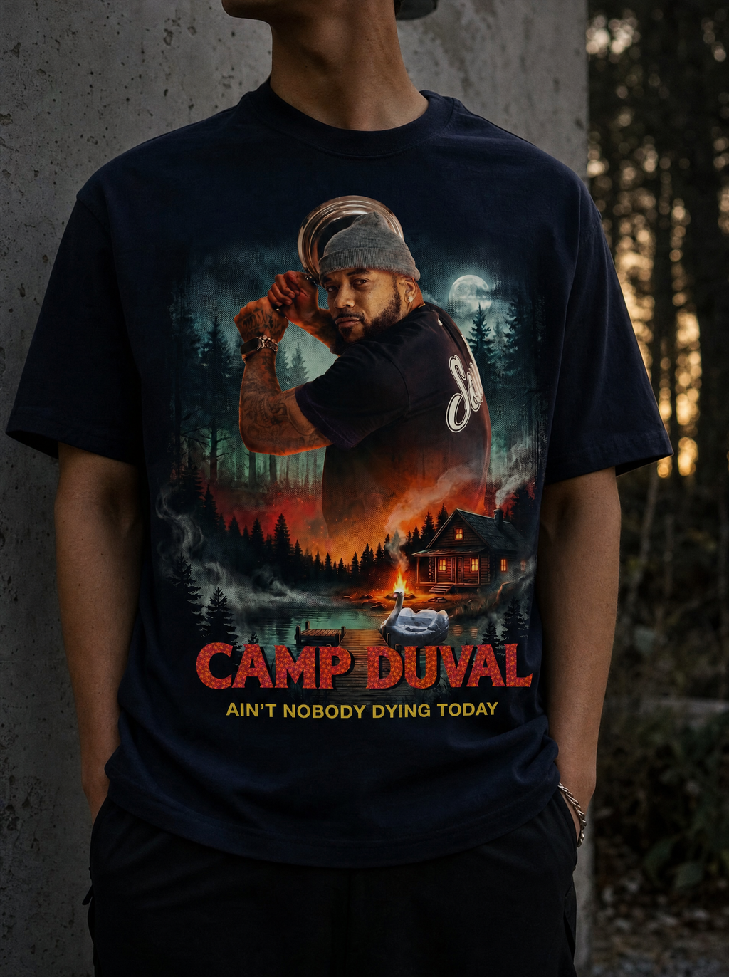 Camp Duval T-Bone Cabin Solo tee in Navy — lifestyle