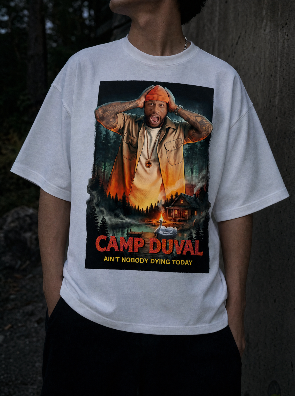 Camp Duval Tyler Cabin Solo tee in White — lifestyle