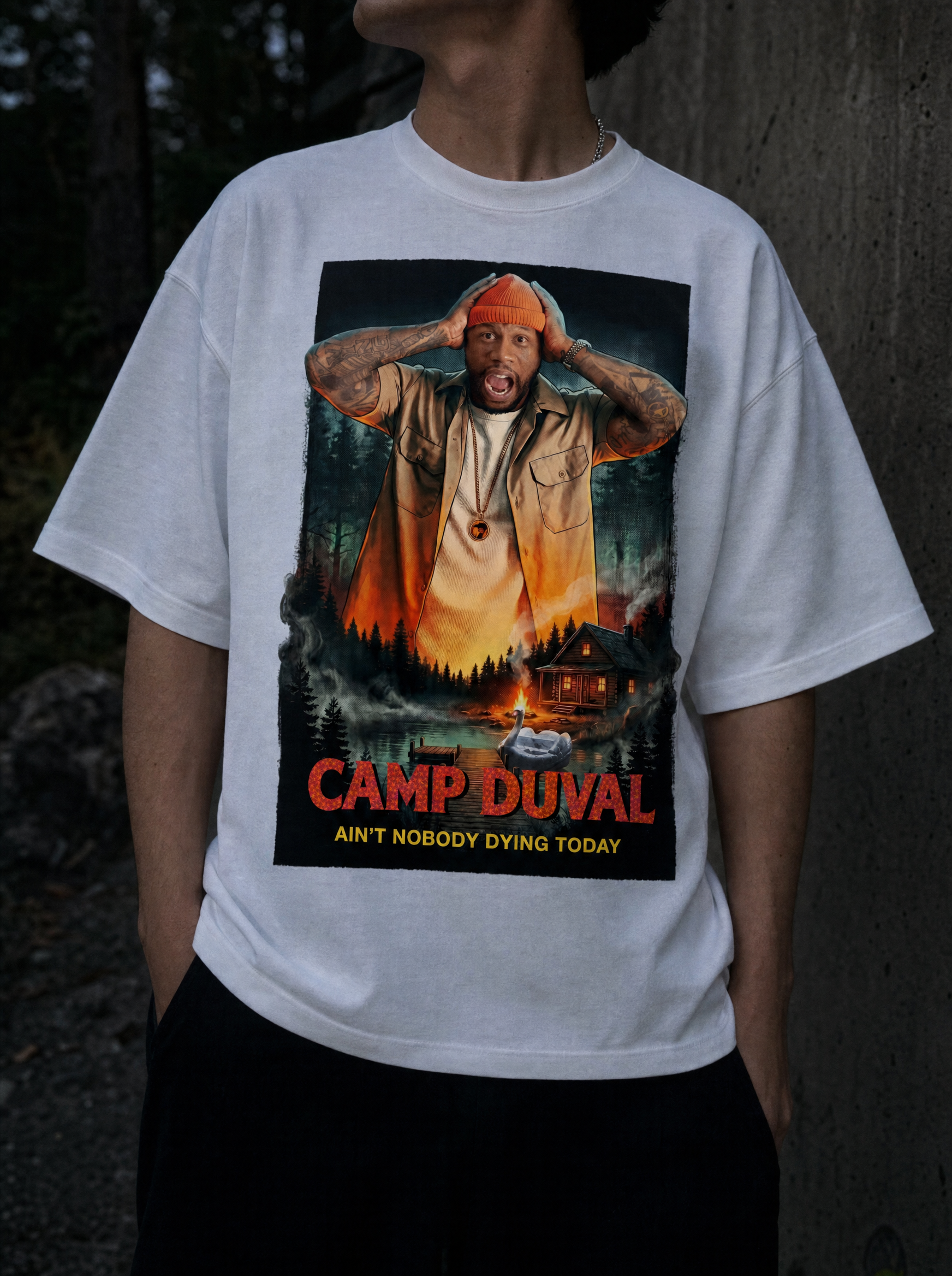 Camp Duval Tyler Cabin Solo tee in White — lifestyle