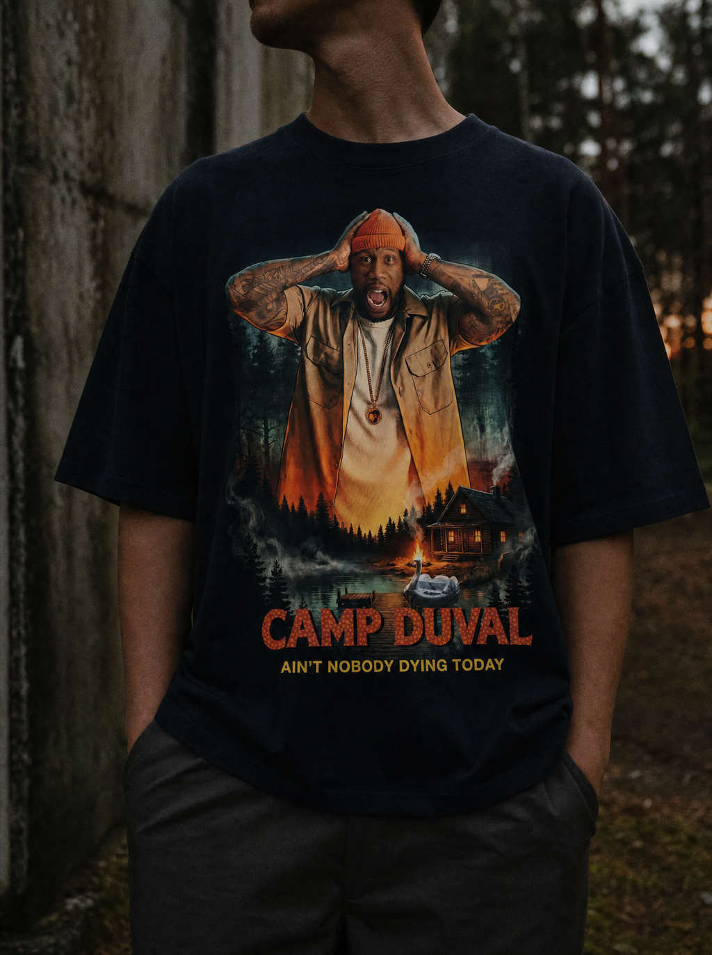 Camp Duval Tyler Cabin Solo tee in Navy — lifestyle