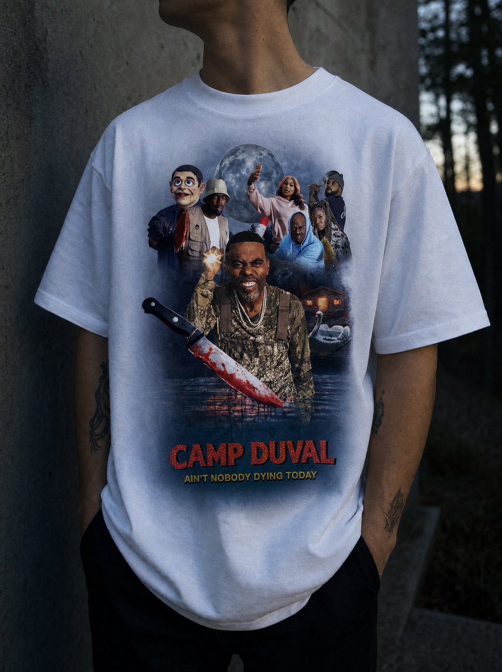 Camp Duval Ensemble Key Art tee in White — lifestyle