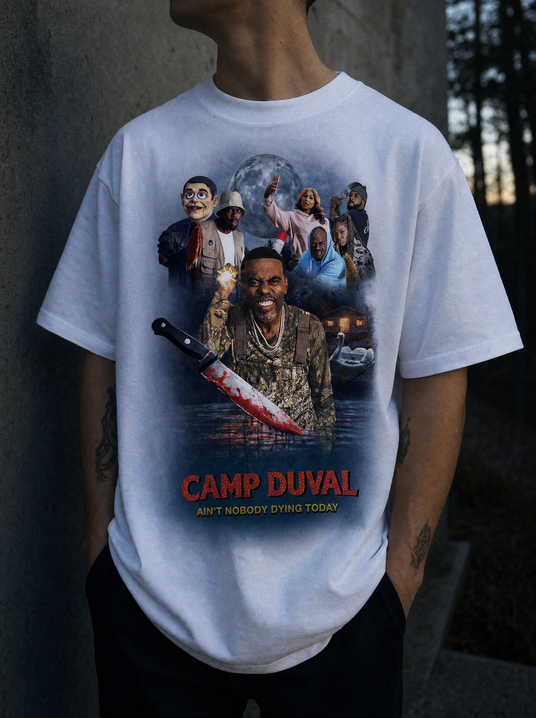Camp Duval Ensemble Key Art tee in White — lifestyle