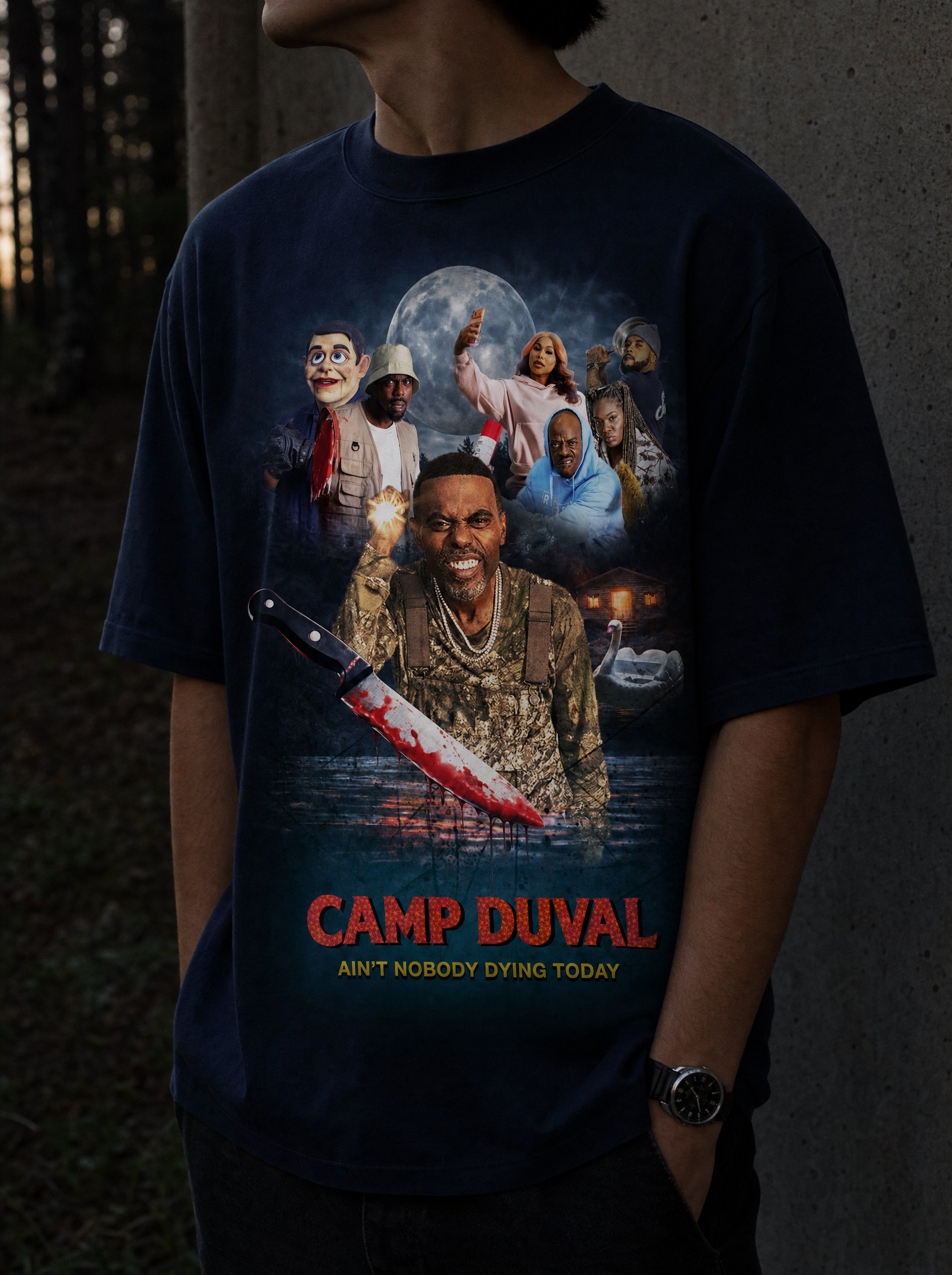 Camp Duval Ensemble Key Art tee in Navy — lifestyle