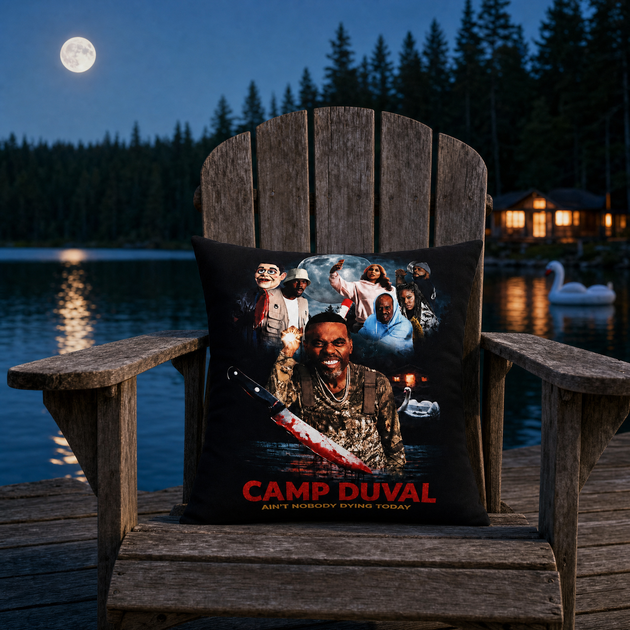 Camp Duval Key Art throw pillow on a lakeside Adirondack chair at dusk — official movie merch