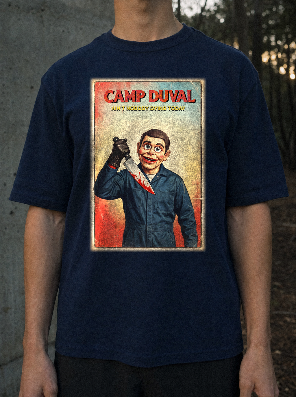 Camp Duval Killer Vintage tee in Navy — lifestyle