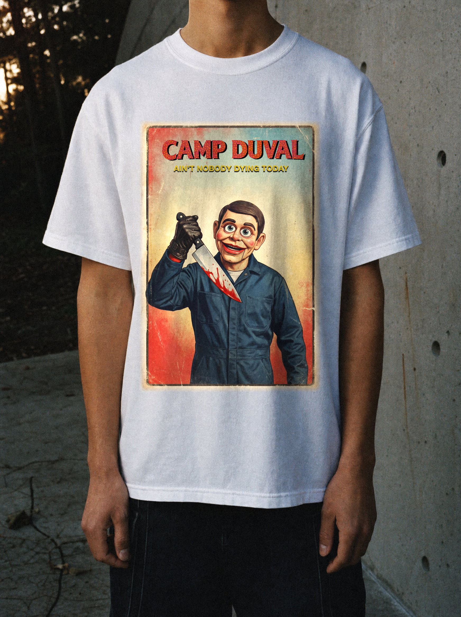 Camp Duval Killer Vintage tee in White — lifestyle
