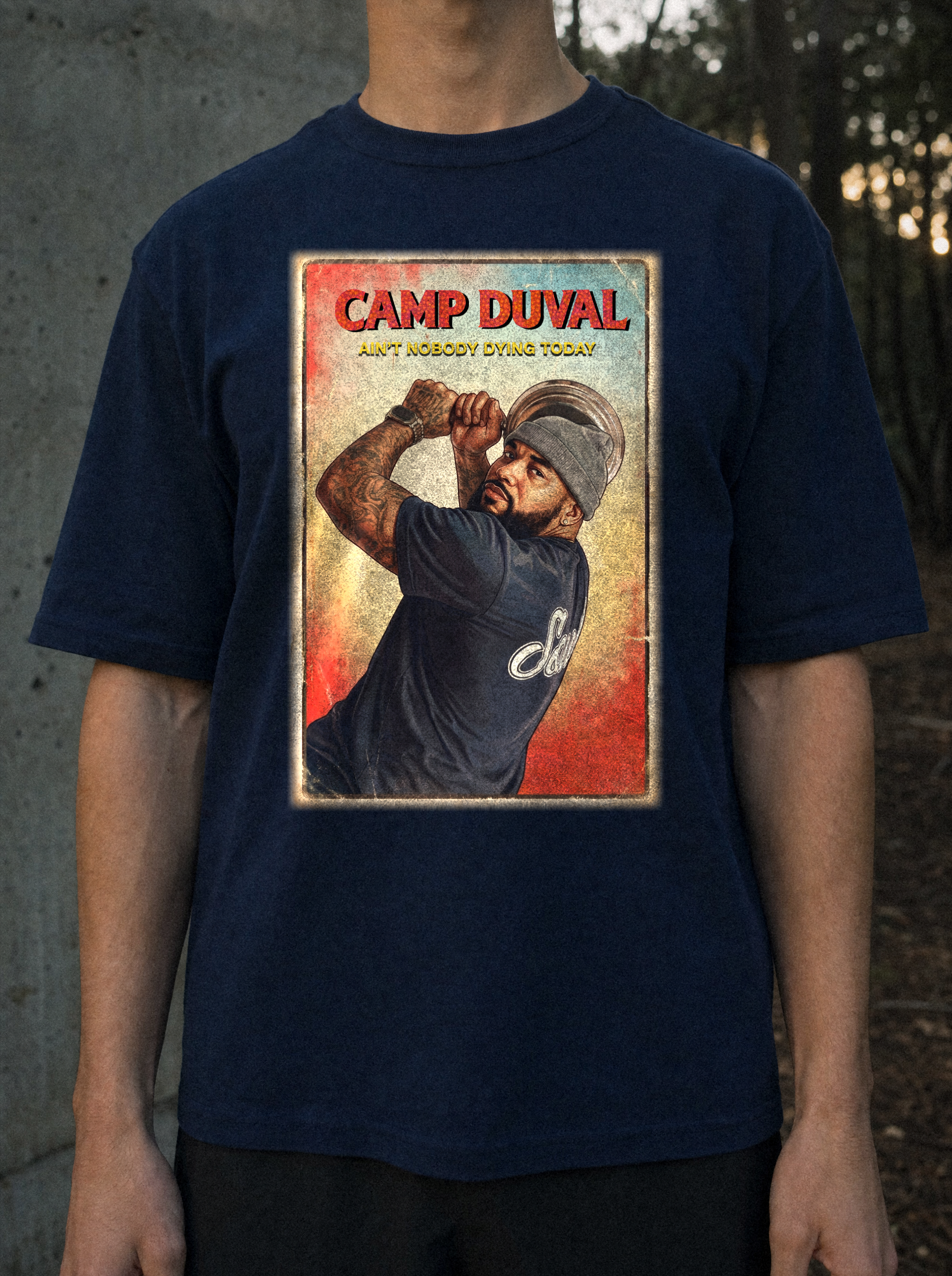 Camp Duval Tbone Vintage tee in Navy — lifestyle