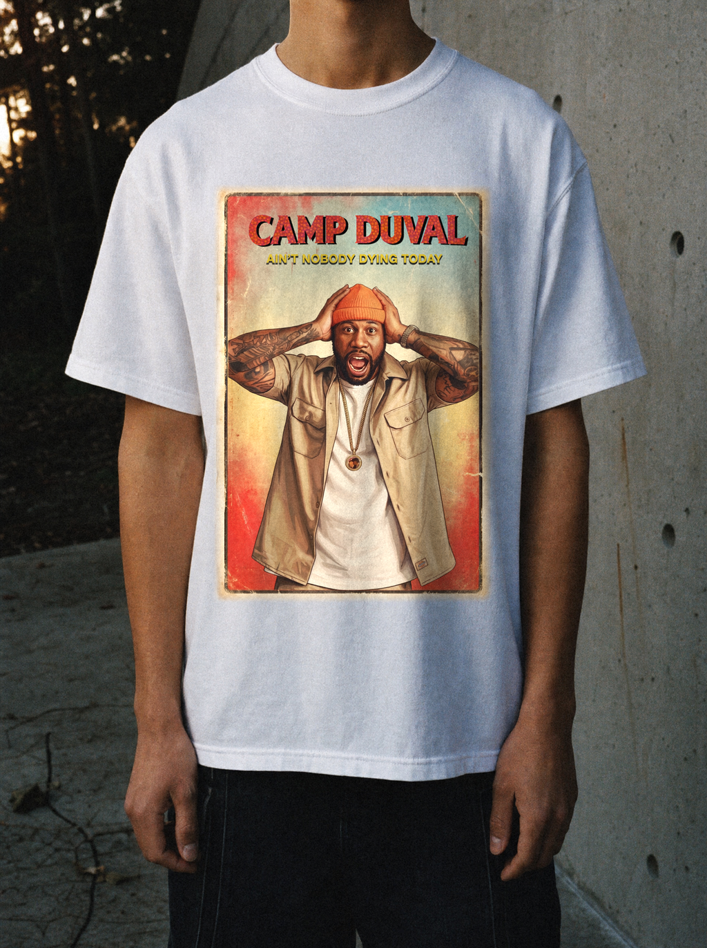 Camp Duval Tyler Vintage tee in White — lifestyle